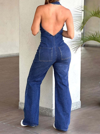 Combinaison bleue à col rabattu sans manches dos nu en jean droit une pièce tenue d'été