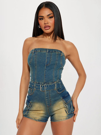bleu Combinaison bleue sans bretelles sans manches ceinture en jean style été