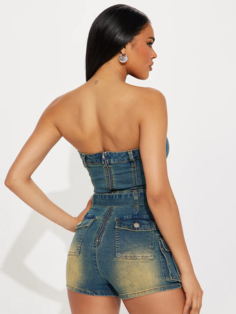 Combinaison bleue sans bretelles sans manches ceinture en jean style été