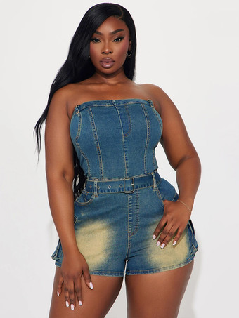 Combinaison bleue sans bretelles sans manches ceinture en jean style été