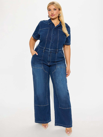 bleu foncé Combinaison-short d'été en jean bleu foncé à col rabattu et manches courtes
