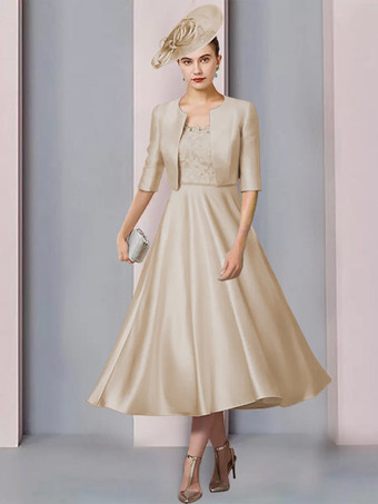 ChampagneMother Dress Jewel Neck Half Sleeves A-Line Lace Tea-Length Wedding Guest Dresses