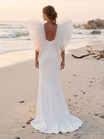 Robe de mariée simple en polyester col carré manches courtes coupe sirène
