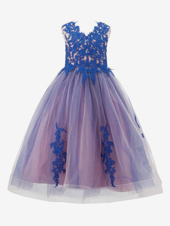 Royal BleuRobe cortège enfant robe de soirée mariage pour fille col V boutonné sur dos au sol