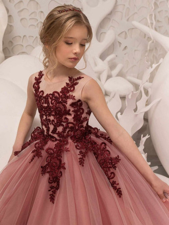 Bordeaux Robe cortège enfant robe de soirée mariage pour fille col V boutonné sur dos au sol