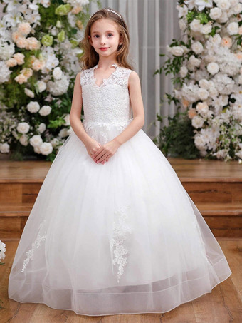 Ivoire Robe cortège enfant robe de soirée mariage pour fille col V boutonné sur dos au sol