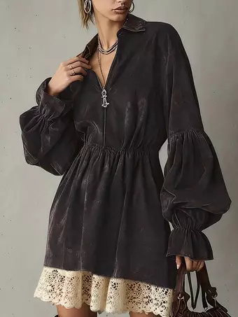 Daily Dresses For Women Mini Dresses Coffee Brown Lace Long Sleeves Turndown Collar Dress - Milanoo.com Daily Dresses For Women Mini Dresses Coffee Brown Lace Long Sleeves Turndown Collar Dress - Milanoo.com
