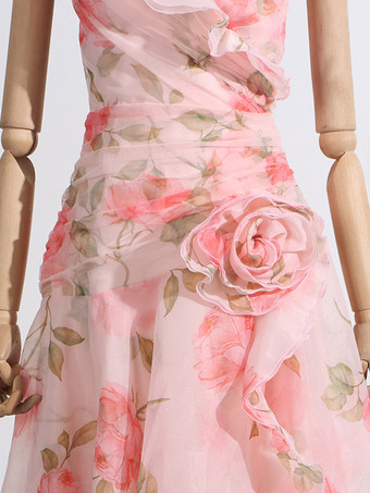 Robe longue rose à fleurs et épaules dénudées pour femme style élégant pour les soirées