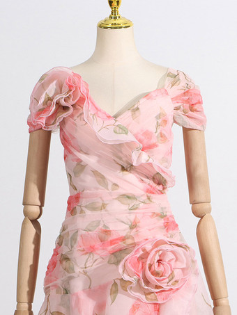 Robe longue rose à fleurs et épaules dénudées pour femme style élégant pour les soirées