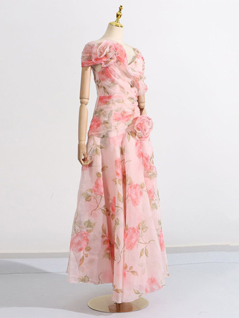 Robe longue rose à fleurs et épaules dénudées pour femme style élégant pour les soirées
