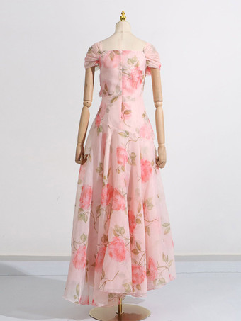 Robe longue rose à fleurs et épaules dénudées pour femme style élégant pour les soirées