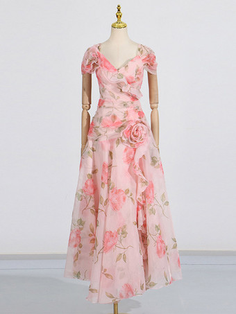 Robe longue rose à fleurs et épaules dénudées pour femme style élégant pour les soirées