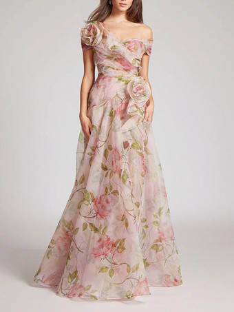 Robe longue rose à fleurs et épaules dénudées pour femme style élégant pour les soirées