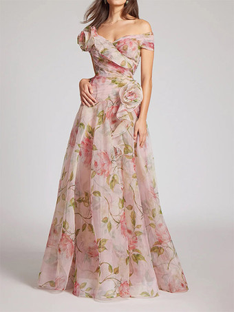 RoseRobe longue rose à fleurs et épaules dénudées pour femme style élégant pour les soirées