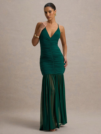 クリーミーホワイトのVネック、ギャザー入りのシースルーマキシドレス（女性用、エレガントでフォーマルなスタイル）