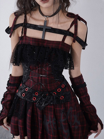 ゴシックパンクロリータドレス レースチェック柄 赤と黒のゴシックJSKロリータドレス