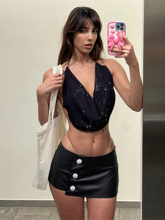 Jupes noires taille basse en similicuir mini-jupes sexy d'été pour femmes