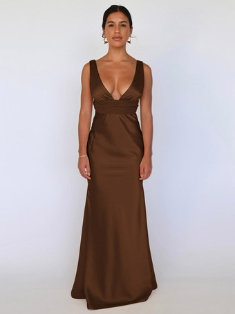 MarronRobe longue en satin ivoire à col V pour femme style élégant et formel