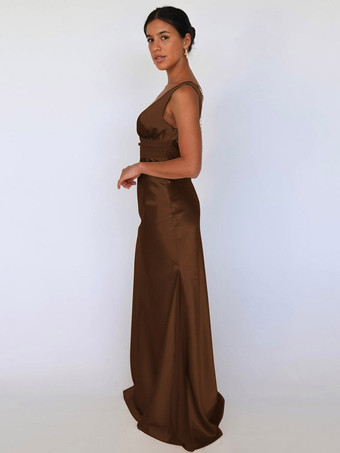Robe longue en satin ivoire à col V pour femme style élégant et formel