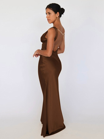 Robe longue en satin ivoire à col V pour femme style élégant et formel