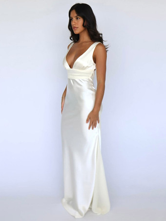 Robe longue en satin ivoire à col V pour femme style élégant et formel