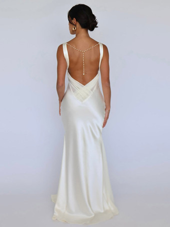 Robe longue en satin ivoire à col V pour femme style élégant et formel