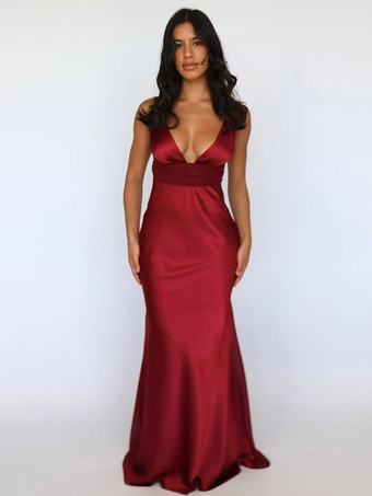 BordeauxRobe longue en satin ivoire à col V pour femme style élégant et formel