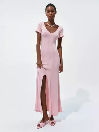 Soft Pink V Neck Knit Maxi Dress For Women Elegant Daily Style - Milanoo.com