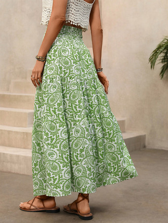 Jupe longue maxi asymétrique à imprimé cachemire vert pour femme taille smockée volants style bohème fluide avec ceinture à pompons