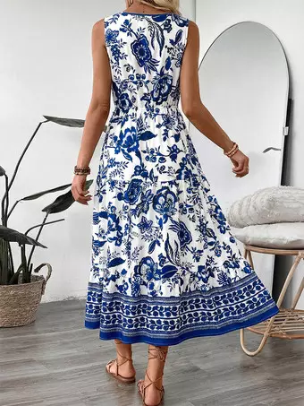 vacation dresses midi Vbvc Women's Off Shoulder Cotton Linen Midi Dress, Summer Casual Beach Vacation Dress For Women, Ladies' Elbow Sleeve Side Split Flowy Dress,Blue,S-