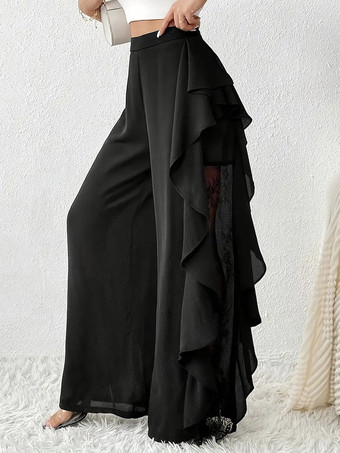 黒無地フリル付きナチュラルウエストサマーパンツ