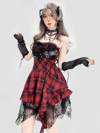 レッド ゴシックロリータパンクドレス チェック柄 赤と黒 ノースリーブ コルセット JSK ロリータドレス