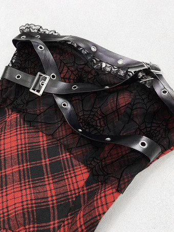 ゴシックロリータパンクドレス チェック柄 赤と黒 ノースリーブ コルセット JSK ロリータドレス