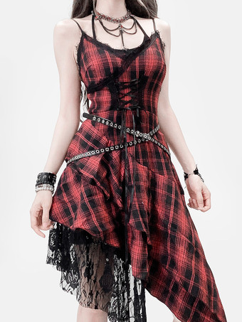 rouge Robe gothique lolita punk à lacets à carreaux rouges et noirs sans manches corset gothique JSK