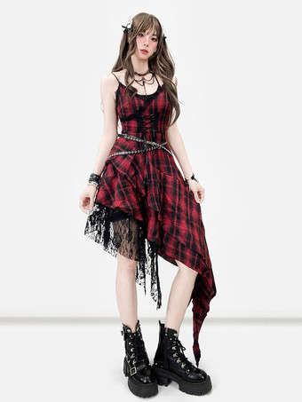 Robe gothique lolita punk à lacets à carreaux rouges et noirs sans manches corset gothique JSK