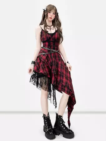 red punk dress Women Dark Punk Red Plaid Slip Dress Rock Girl Gothic A Line Pleated Dress