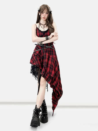 Robe gothique lolita punk à lacets à carreaux rouges et noirs sans manches corset gothique JSK
