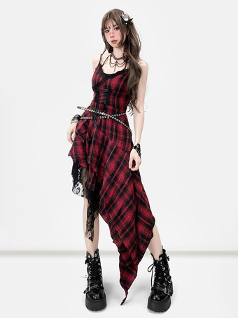 Robe gothique lolita punk à lacets à carreaux rouges et noirs sans manches corset gothique JSK