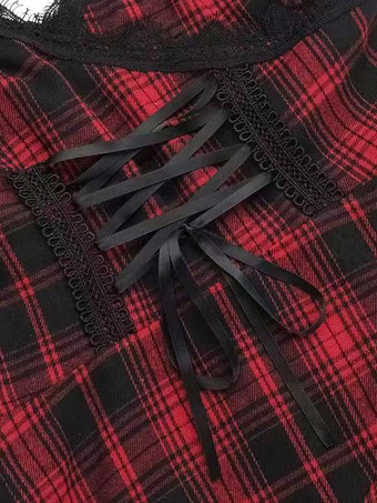 Robe gothique lolita punk à lacets à carreaux rouges et noirs sans manches corset gothique JSK
