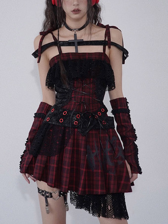 レッド ゴシックパンクロリータドレス レースチェック柄 赤と黒のゴシックJSKロリータドレス