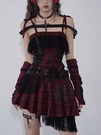 ゴシックパンクロリータドレス レースチェック柄 赤と黒のゴシックJSK