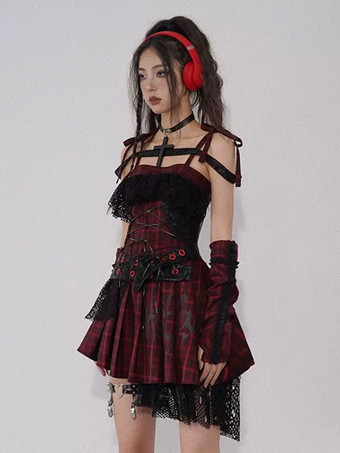 ゴシックパンクロリータドレス レースチェック柄 赤と黒のゴシックJSKロリータドレス