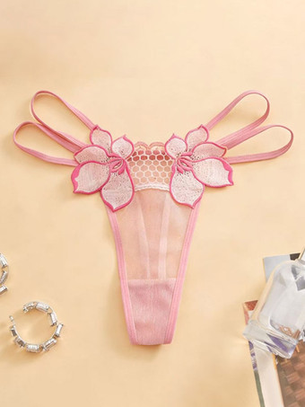 ピンク レースパンティー、編み込みクロシェ、白の刺繍フラワーランジェリー、シースルーメッシュ下着