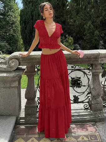 Vacation Skirt Suits Maxi Lace Short Sleeves V-Neck Chic Avocado Green  Skirt Suits - Milanoo.com