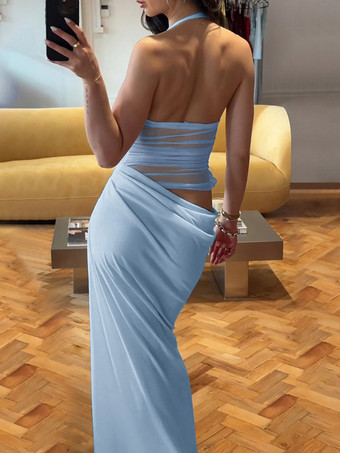 Robe de soirée maxi bleue à fleurs sans manches sexy et semi-formelle idéale pour l'été.