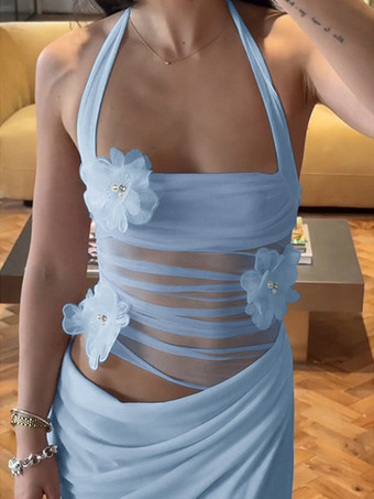 Robe de soirée maxi bleue à fleurs sans manches sexy et semi-formelle idéale pour l'été.