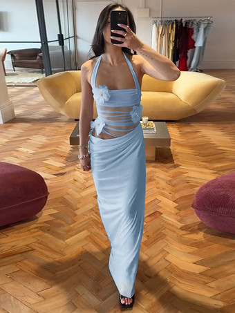 Robe de soirée maxi bleue à fleurs sans manches sexy et semi-formelle idéale pour l'été.