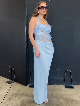 Robe de soirée maxi bleue à fleurs sans manches sexy et semi-formelle idéale pour l'été.
