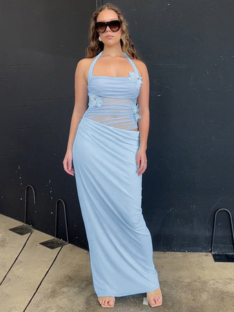 bleu Robe de soirée maxi bleue à fleurs sans manches sexy et semi-formelle idéale pour l'été.