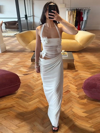 blanc Robe de soirée maxi bleue à fleurs sans manches sexy et semi-formelle idéale pour l'été.